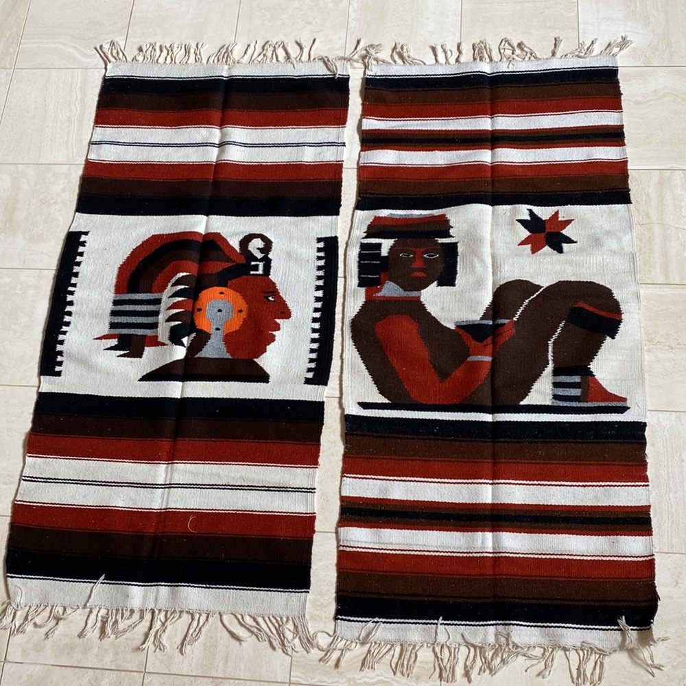 Vintage Aztec God Handwoven Wool 2 Coordinating Mexican Rug, Tapestry or Blanket